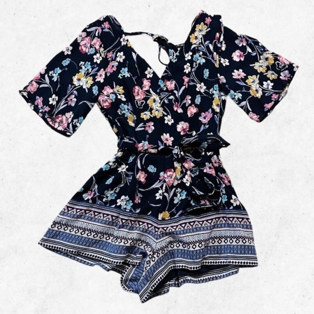 Francesca’s Blue Rain Romper Dark Blur w/ Colorful Flowers Size‎ XXS Zip V Neck